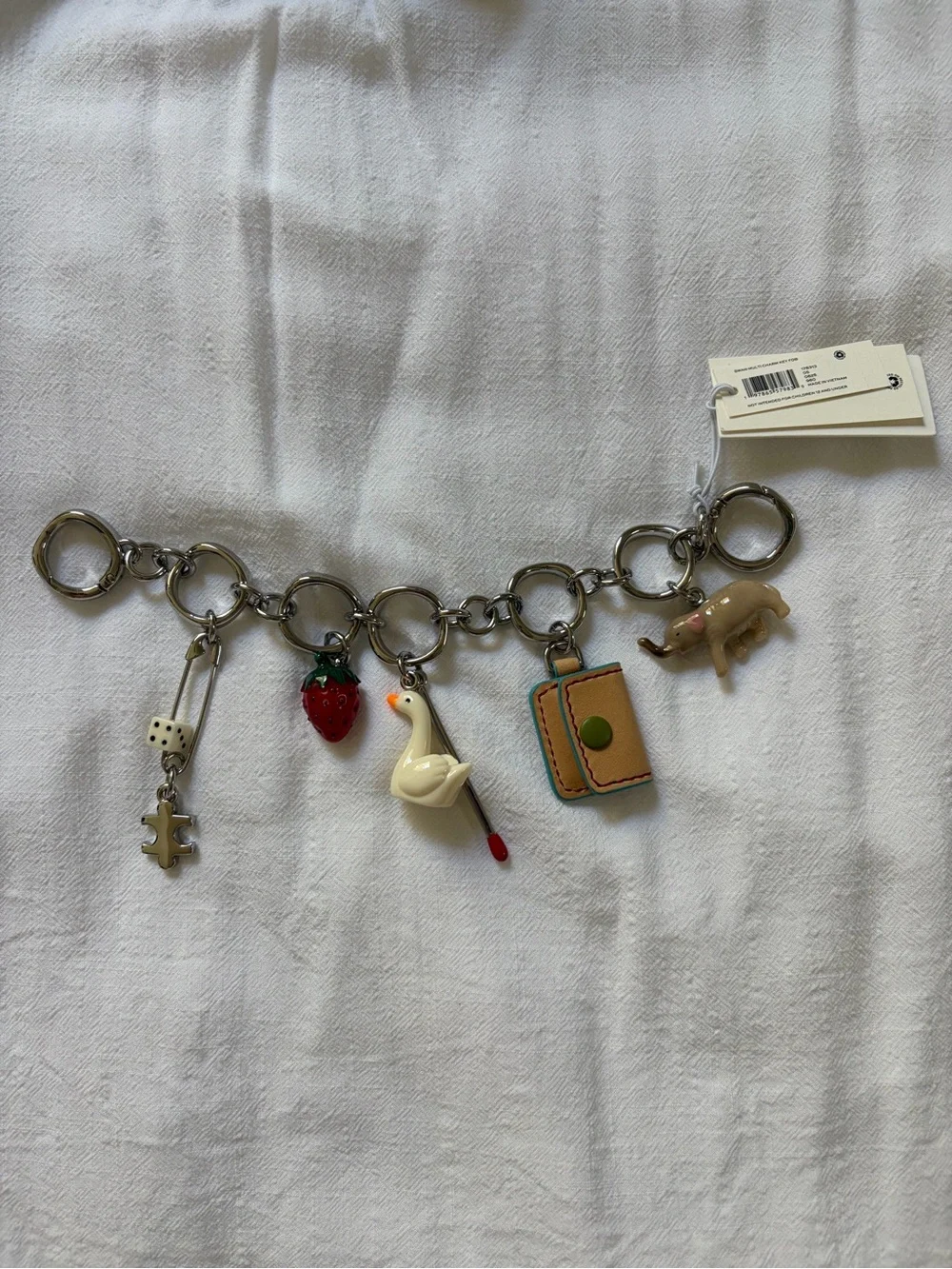 Swan Multi-Charm Bag Chain - Silver with White, Red, Green, Tan Charms